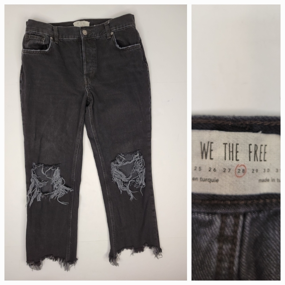 Free People Sz 28 Jeans Maggie Mid Rise Straight Distressed Button Fly 90s Y2K